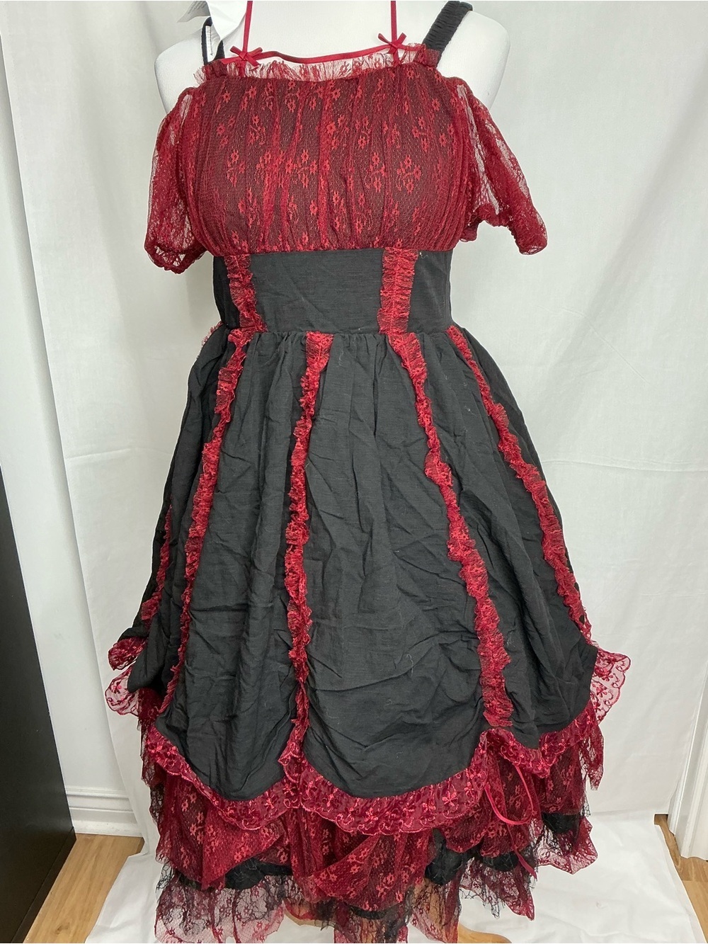 2198 - Red & Black Lace Trim Off-Shoulder Midi Dress
(Crinoline Not included). - Picture 2 of 16